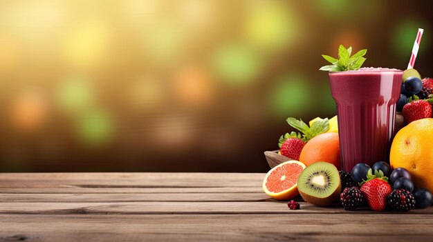 Photo smoothie with fresh fruits and berries on table on summer background