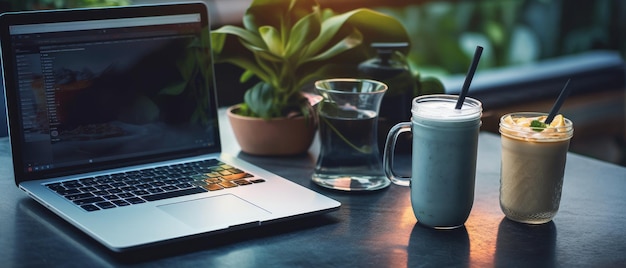 Smoothie with laptop on the table Generative AI