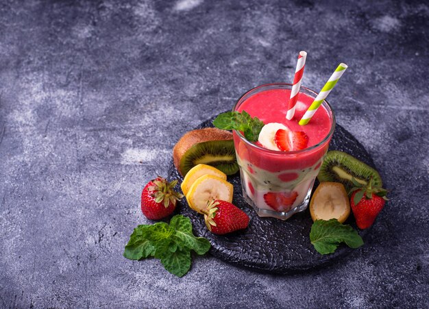 Smoothie with strawberry, banana and kiwi 