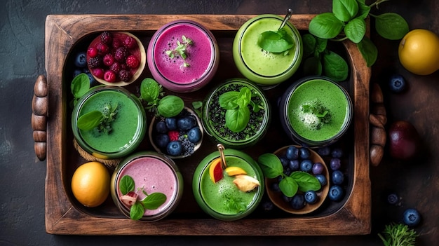 Smoothies from berries and fruits top view generative ai