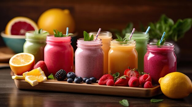 Smoothies of fruit vegetables and lemon juice displayed on a wooden board in the style of color stripes cute and colorful