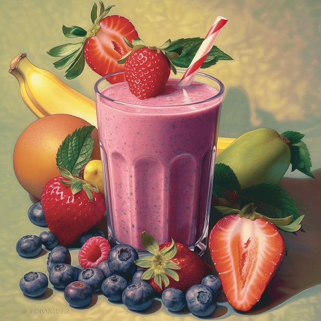 Smoothies in a glass cup with fruits on the table