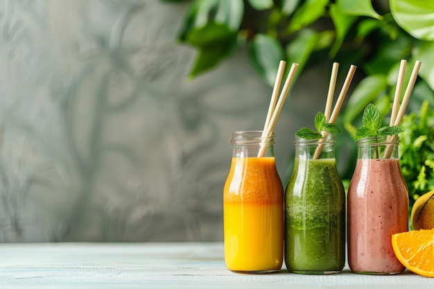 Smoothies and juices in glass containers with bamboo straws Generative AI