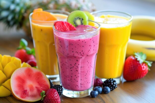 Smoothies made from fresh fruits in glass glasses