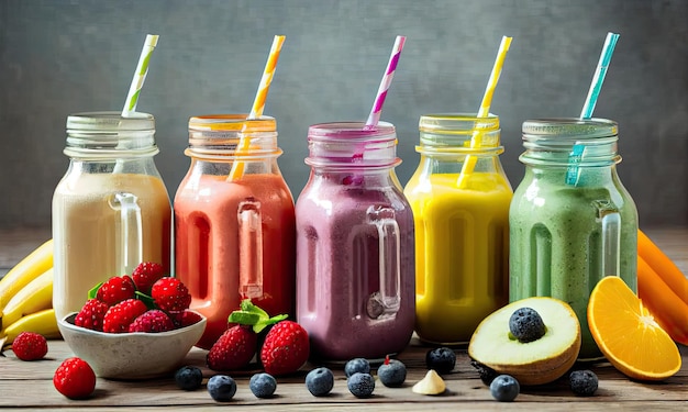 Smoothies met een verscheidenheid aan fruit in glazen flessen met rietjes generatieve AI