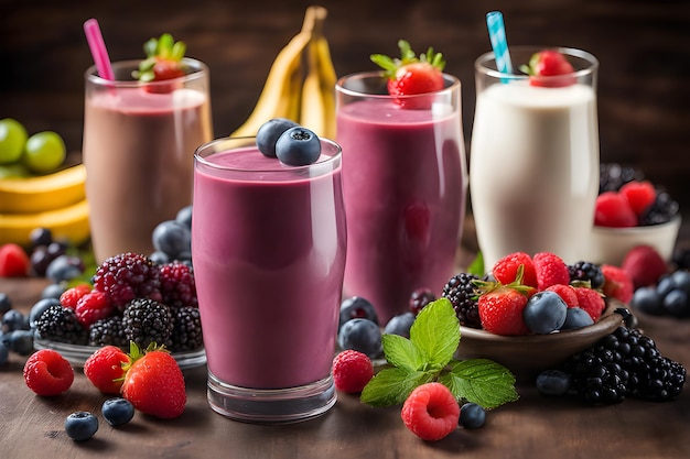 Smoothies with berries on a wooden background Selective focus