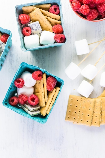 Smores with white chocolate and fresh raspberries.