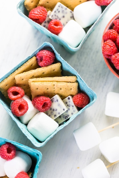 Smores with white chocolate and fresh raspberries.