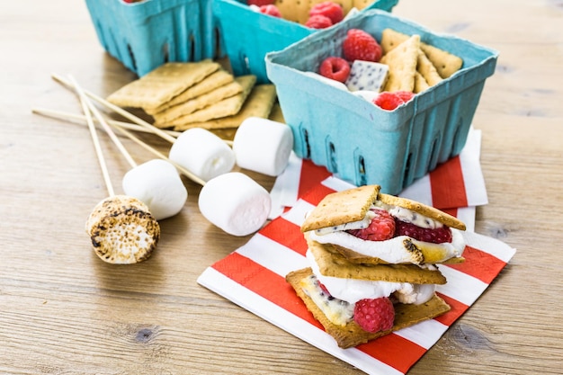 Smores with white chocolate and fresh raspberries.