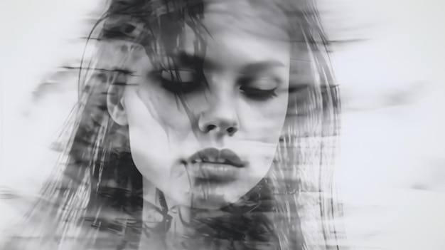 Foto effetto inchiostro macchiato ritratto in bianco e nero di una ragazza immagine deprimente leggera