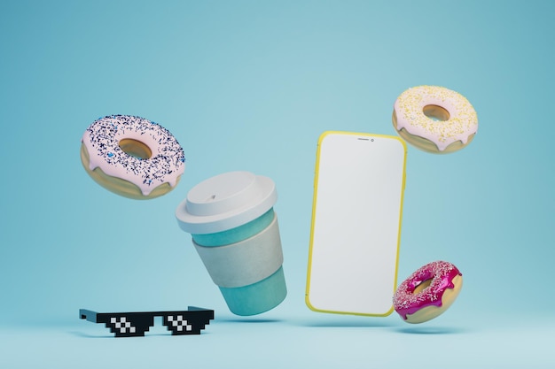 Snack break smartphone glasses a glass of coffee and donuts on a blue background 3D render