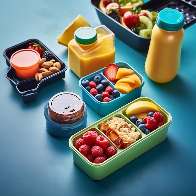 Snack In Lunch Boxes With Fresh Smoothie Drinks