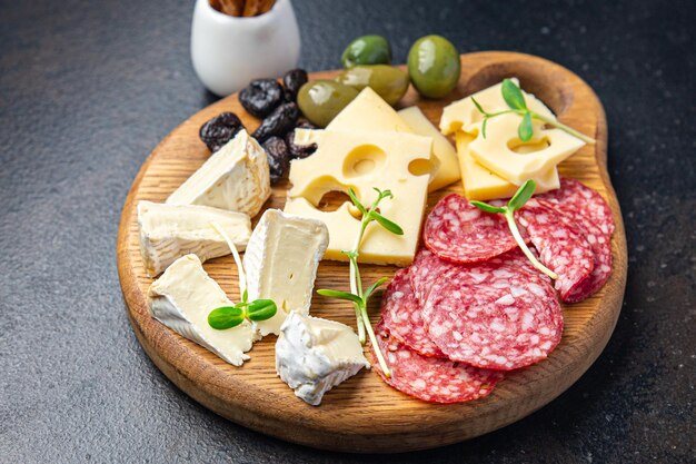 Photo snack plate cheese sausage olive bread stick fresh appetizer meal food snack on the table