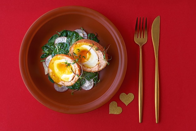 Snack - Scottish Eggs. Scottish eggs with salmon, radish and spinach in a plate