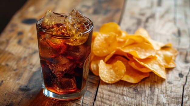 Photo snack time chips and cola on rustic wood surface generative ai