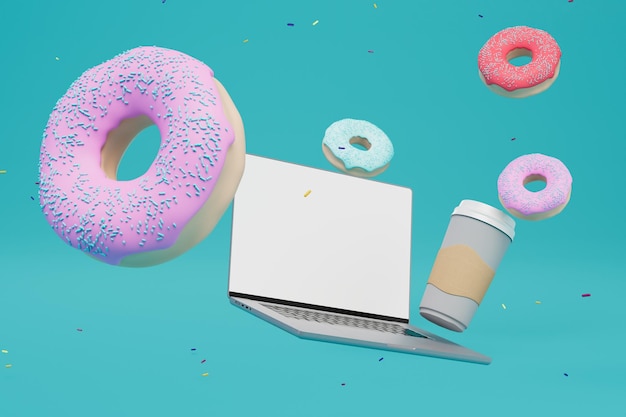 다양한 색상의 글레이즈가 있는 커피와 도넛을 노트북으로 작업하는 동안 간식