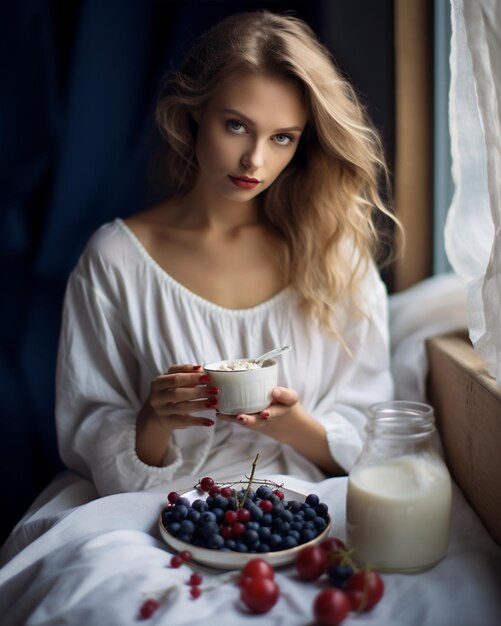 Photo snack of yogurt with blueberries and raisins