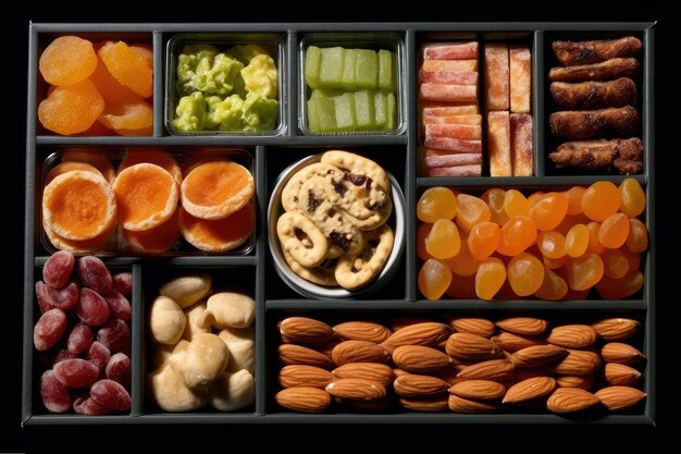 snackassortiment in de doos professionele reclame foodfotografie AI gegenereerd