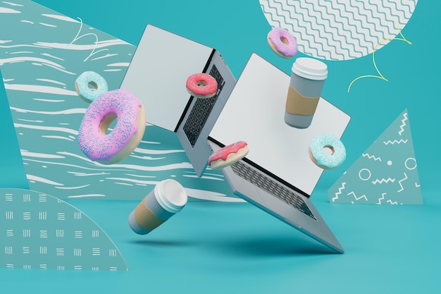 Snacken op de werkplek laptops kopjes koffie en donuts op de achtergrond met geometrische vormen