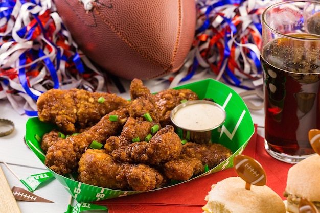 Snacks for watching a football game. Super Bowl day party.