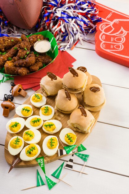 Snacks for watching a football game. Super Bowl day party.