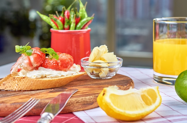 Snacks with shrimp, fish and avocado