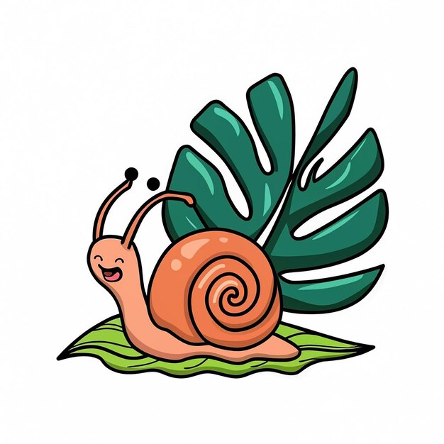 Photo snail character with palm leaves in a cartoon stylevector design for poster card clothes