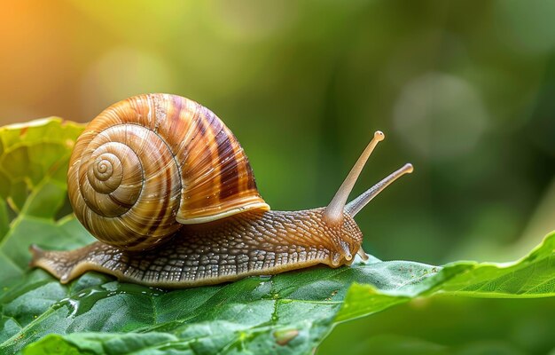 Photo snail crawling on the green leaf in the garden