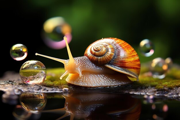 A snail crawls along a wet surface in drops of water closeup