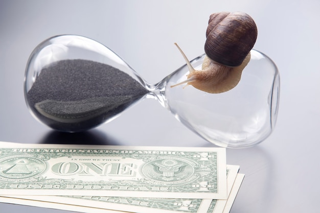 Photo snail crawls on an hourglass against the background of money. speed and stability in increasing income.