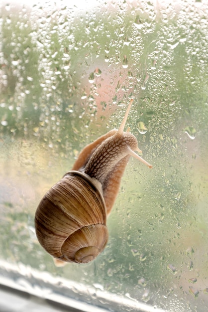 Snail crawls on window glass in rain drops