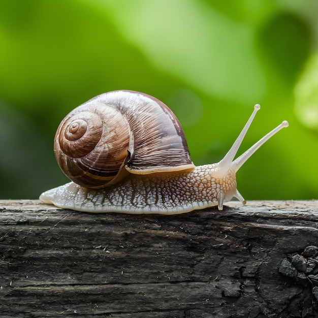 Snail crawls on wooden background in garden nature macro photo For Social Media Post Size