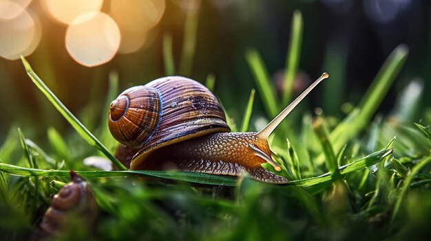 草の上のカタツムリ 美しいカタツミ 高いコントラスト