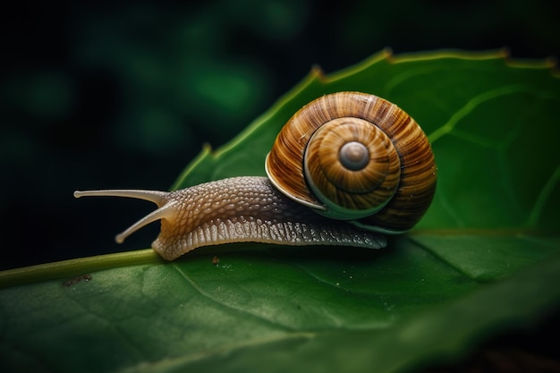 A snail on a green leaf