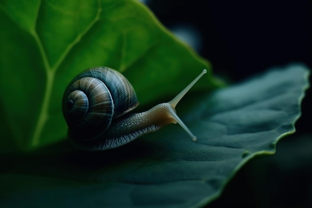 A snail on a green leaf