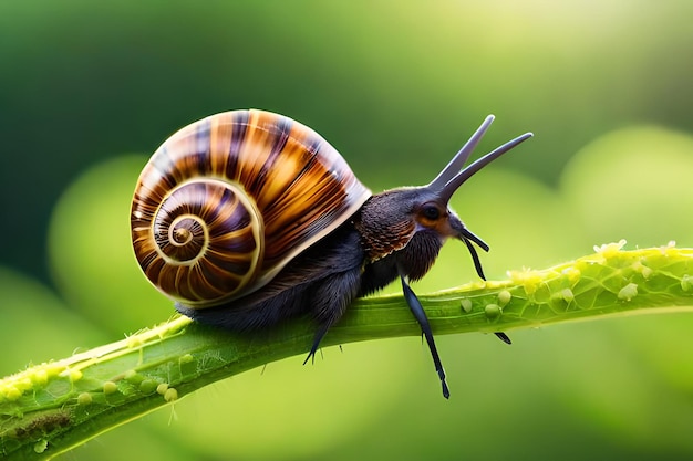 A snail on a green leaf