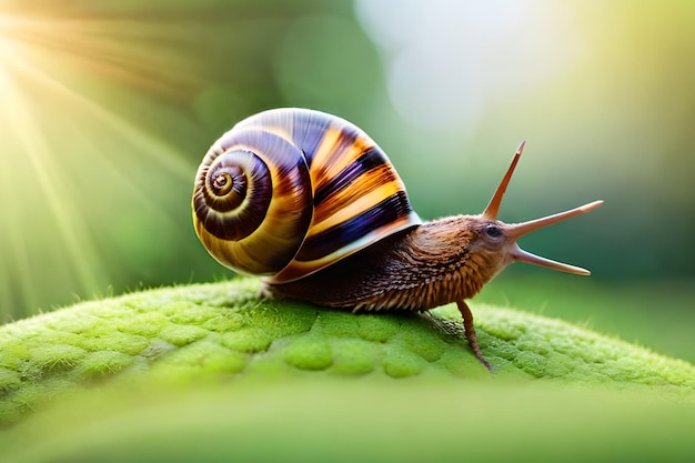 A snail on a green leaf