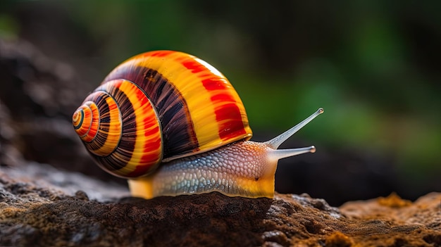 A snail is crawling on a mossy surface