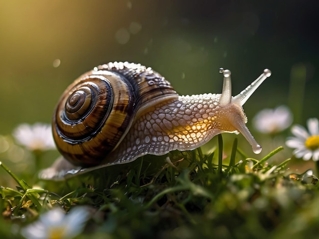 a snail is on the grass and it is raining