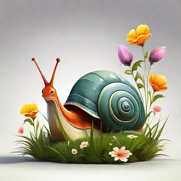 a snail is in the grass with flowers and grass