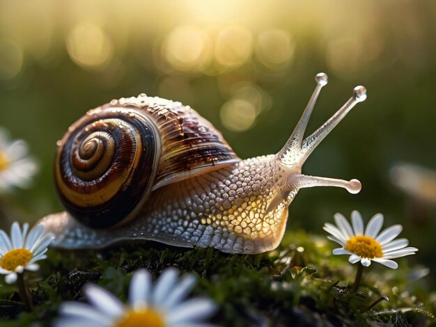 a snail is on a green grass with daisies