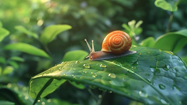 a snail is on a green leaf with the sun shining through it