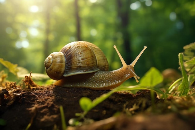 a snail is on the ground in the forest