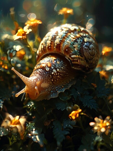 a snail is on a plant with flowers in the background