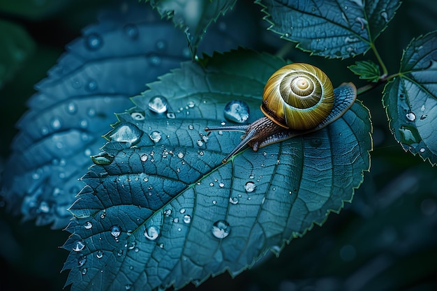 A snail is sitting on a green leaf with water droplets on