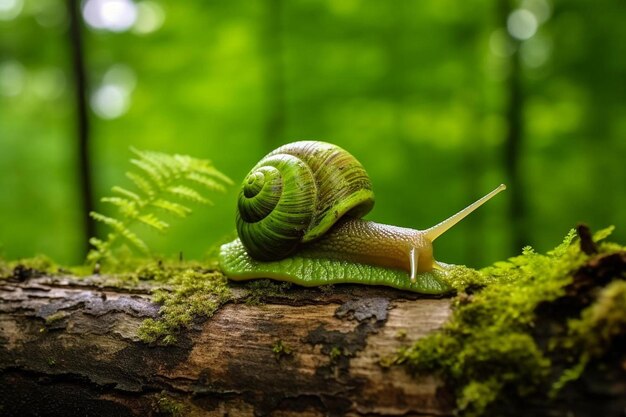 a snail is sitting on a log in the woods