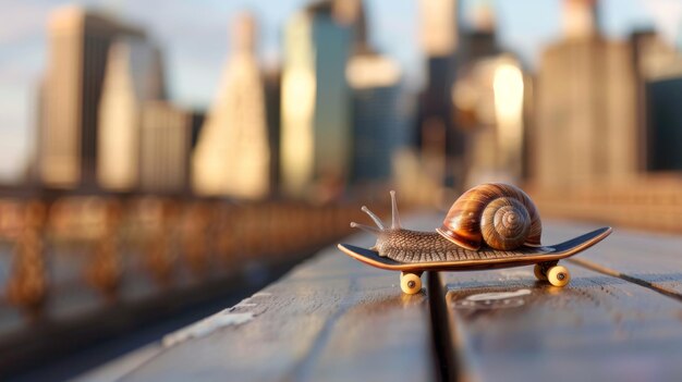 a snail is on a skateboard with a city in the background