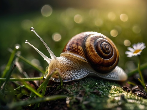 a snail is walking in the grass and the sun is shining