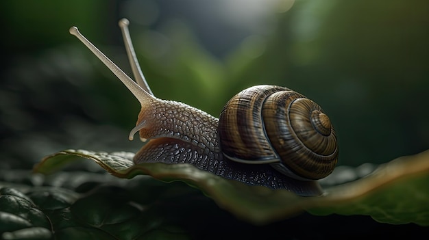 A snail on a leaf in the dark