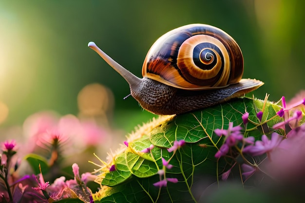 A snail on a leaf with a green background